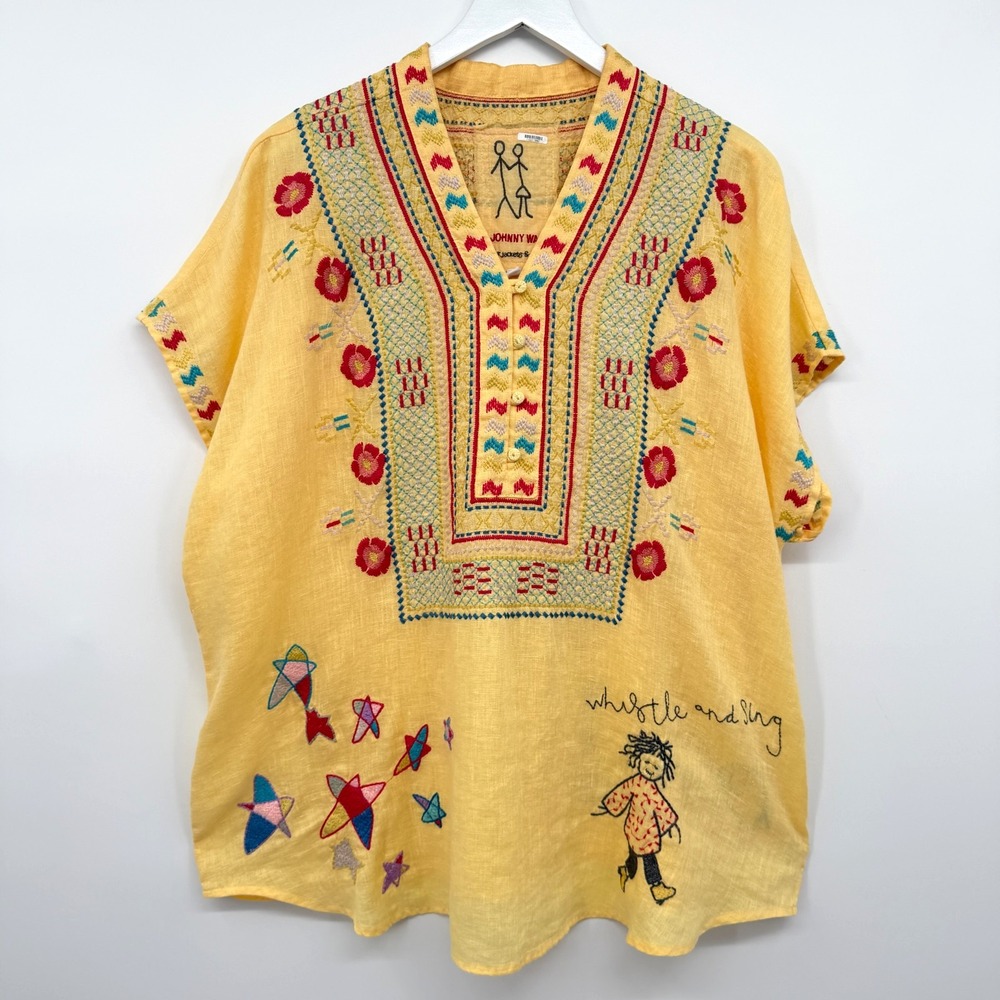 Johnny Was Top Shirt Blouse Size Small Nandi Embroidered 100% Linen Boho Artsy